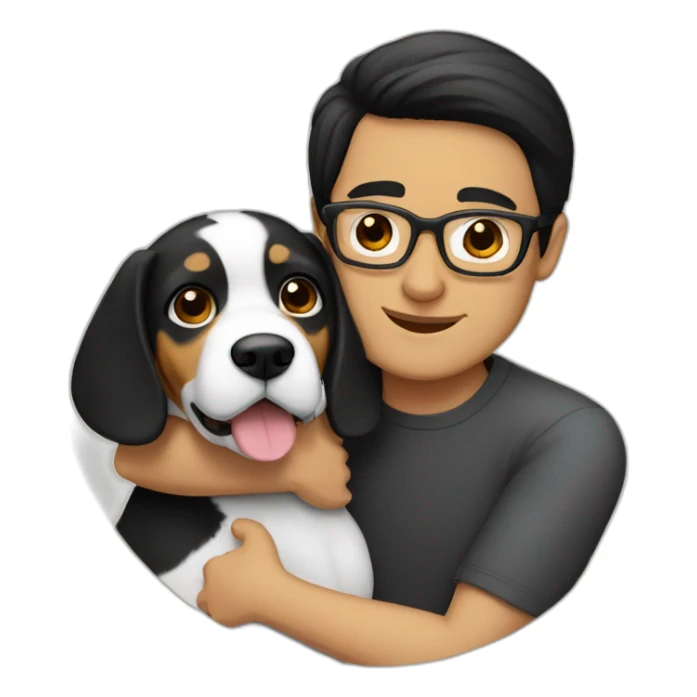 A man with black-hair and glasses hugging a beagle sticker