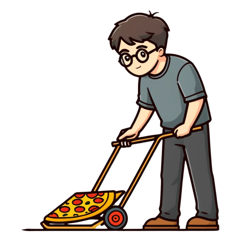 Harry Potter mowing the lawn with a pizza slice sticker
