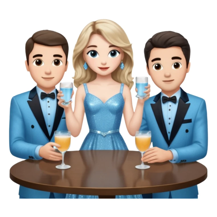 Sabrina’s carpenter in a light blue sparkly dress at a table with 3 handsome men facing each other and she is standing up putting her hand out. There are drinks on the table  sticker