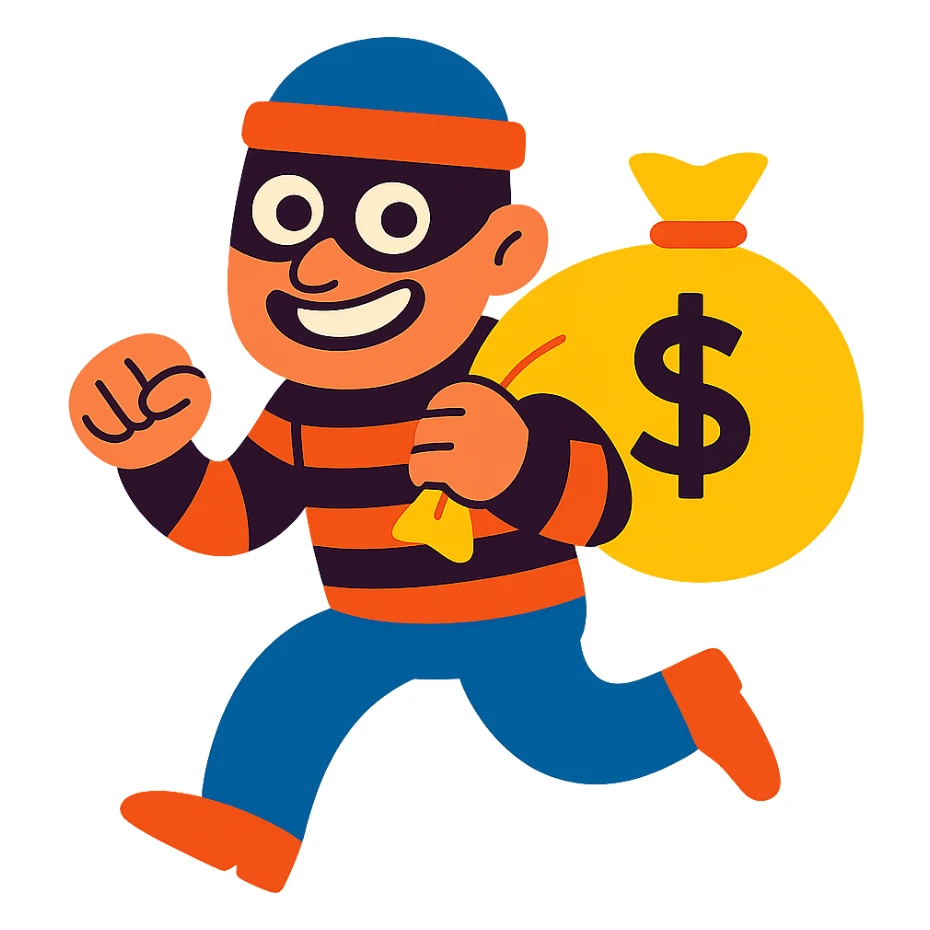 classic thief with mask and money bag, colorful cartoon style sticker