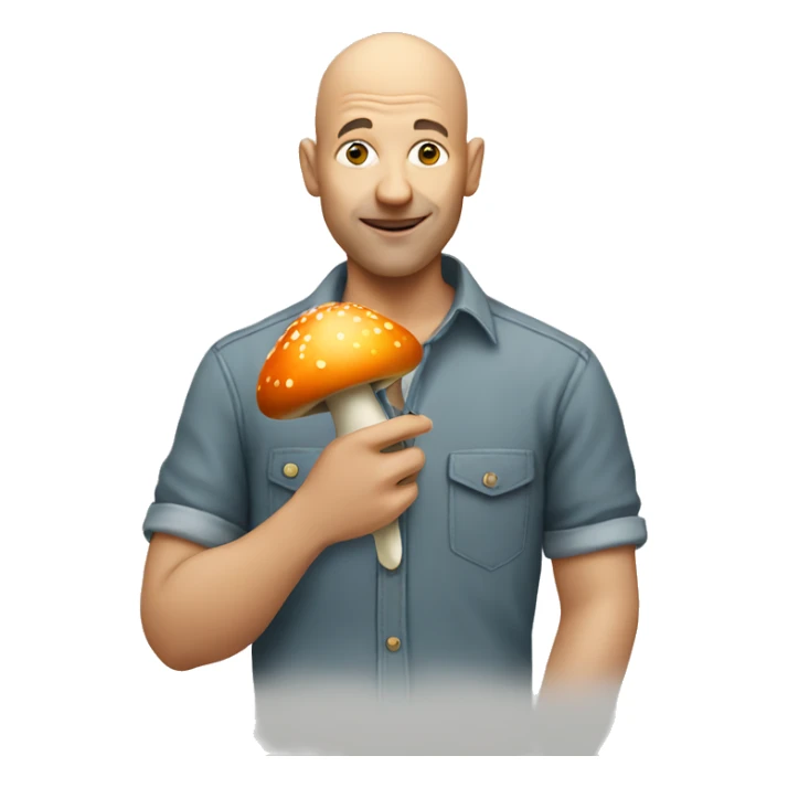 bald man in casual shirt eating mushroom sticker