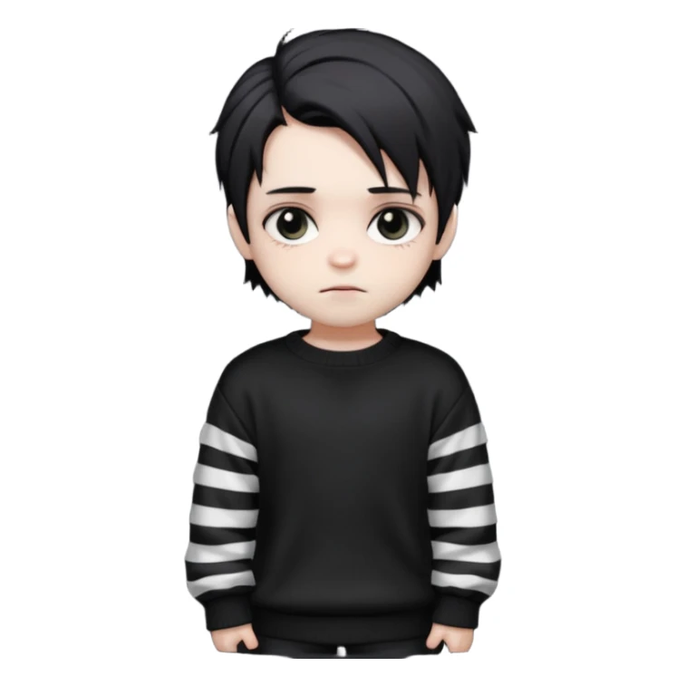 Goth boy, chibi style, oversized sweater, striped sleeves, cute sticker