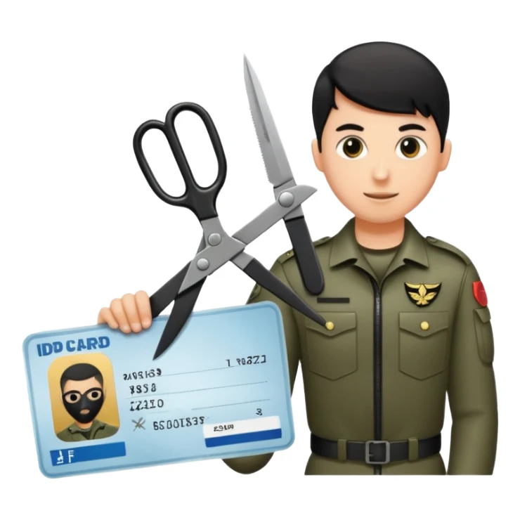 Floating black Scissors cutting an idf soldier ID card in 2 parts .hyper realistic sticker