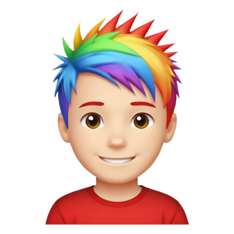 Boy with rainbow streaks — short spiky hair glowing under light, red T-shirt sticker