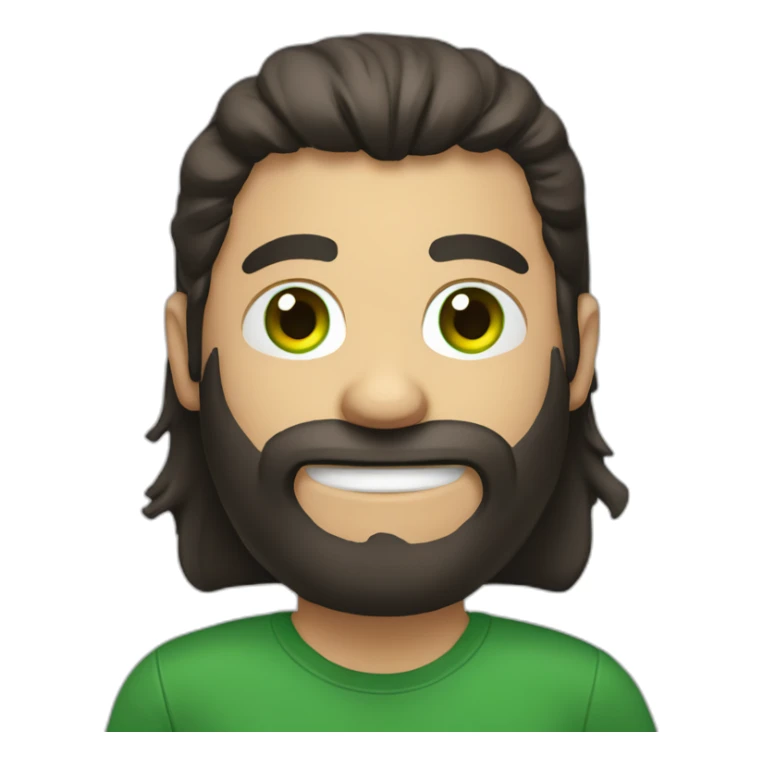 a white guy with dark brown long hair green eye beard black tshirt thumb up sticker