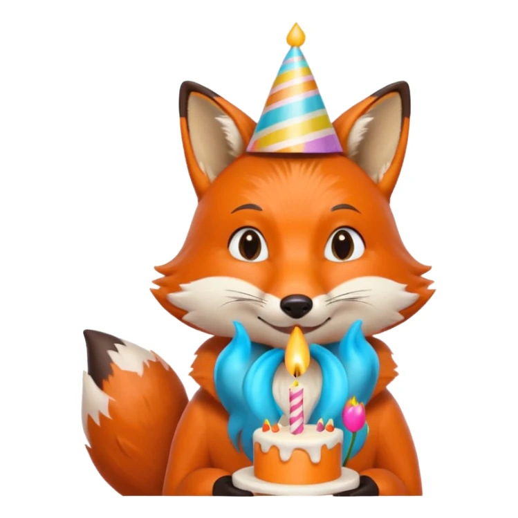 A fox wearing a birthday hat, joyfully blowing candles, portrait, bust up sticker