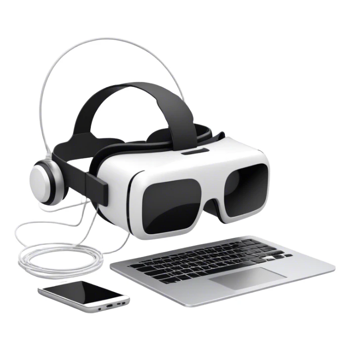 VR headset lying next to a laptop, connected by wires. On the laptop screen a VR/AR modeling program is opened. Floating 3D models or virtual objects. Modern, tech-inspired colors. No emojis or smiley faces. Transparent background. sticker