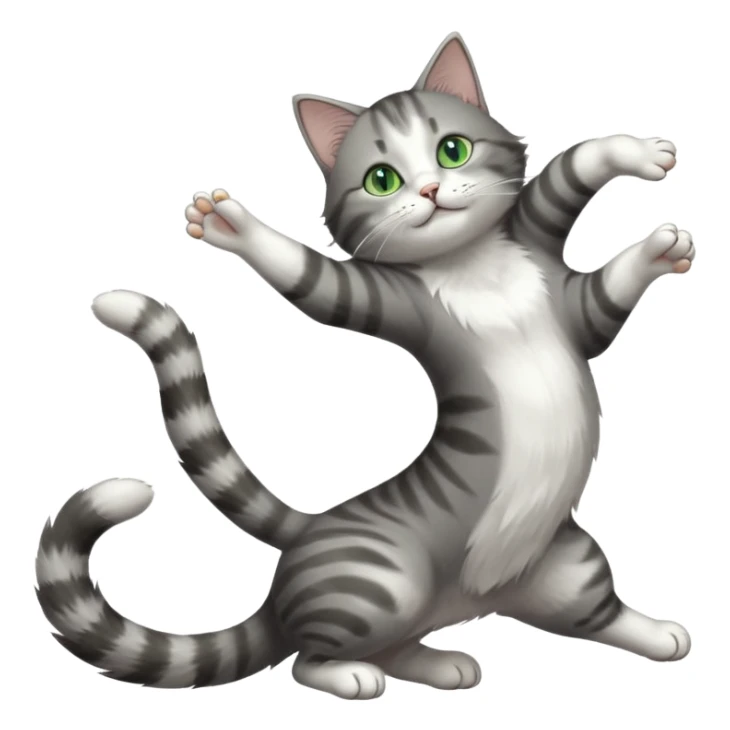 grey and white cat with green eyes doing a big extremely long stretch reaching up into the air with arms and legs side by side together straight and overextended whilst lying on its side sticker