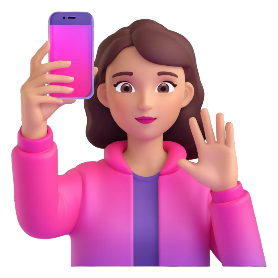 girl taking selfie, transparent glass with bright pink gradient from #FF335F to #FF99AA, highlights and reflections, minimalistic sticker