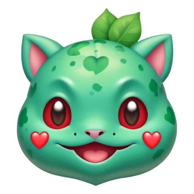 cute Bulbasaur Pokémon, rednote emoji style, winking face, heart-shaped decorations, joyful look, green and teal tones sticker