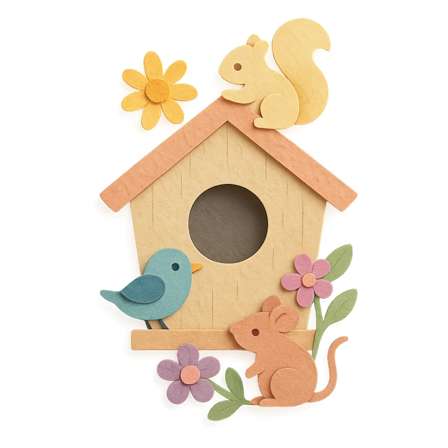 a cozy birdhouse with flowers and forest creatures, soft pastel colors, paper craft style sticker