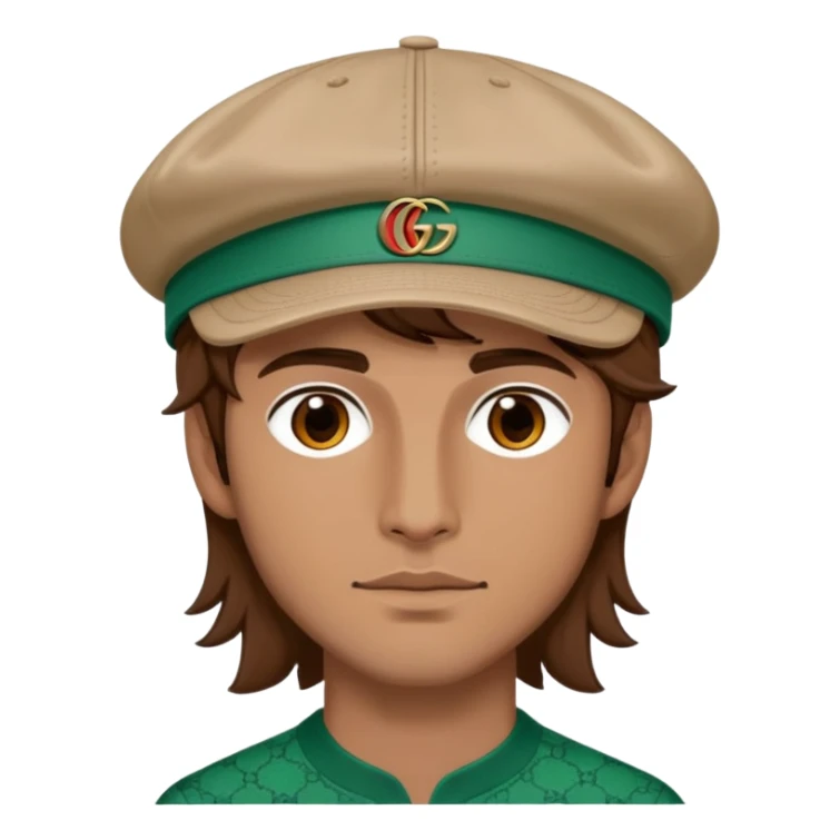 man with medium-length brown hair, wearing a Gucci cap sticker