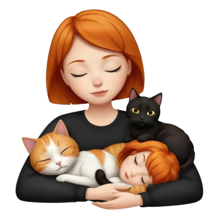 Ginger Girl short hair sleeping with two cats a black and a white bigger cat  sticker