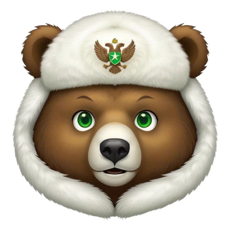 Friendly brown bear face with bright green eyes in a white fur ushanka with centered double-headed eagle emblem, Russian styled sticker