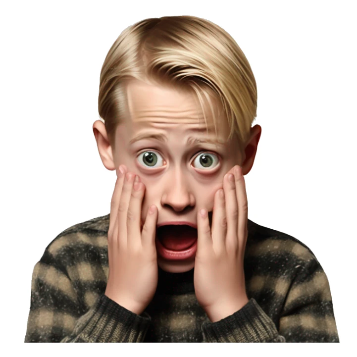 macaulay culkin child from Home Alone, putting both hands on his face and screaming of fear. bring the hands down lik he is putting on his cheeks. sticker