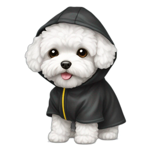White maltipoo with black raincoat sticker