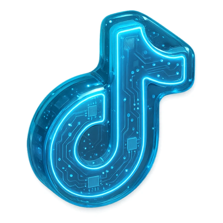 Glossy circuit-themed TikTok icon with blue glowing accents, transparent background sticker