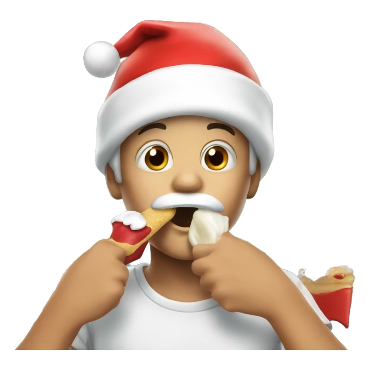 boy in santa hat eating and having a wiped cream beard sticker