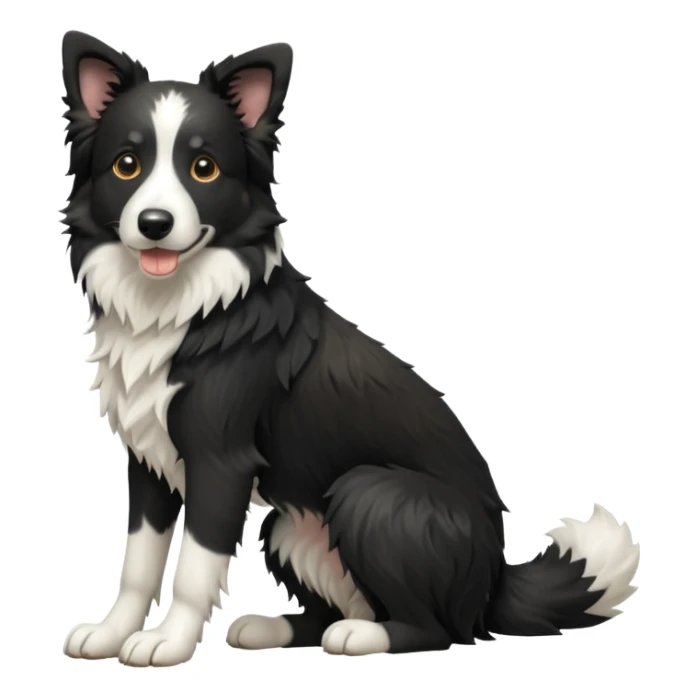 cinematic-[border collie dog]-realistic-full-body-sitting-emoji,-tail-resting-loosely-beside-its-paws,-head-tilted-dramatically,-scruffy-[black and white]-fur,-simplified-yet-realistic-focused-features,-highly-detailed,-glowing-with-an-almost-sarcastic-glow sticker