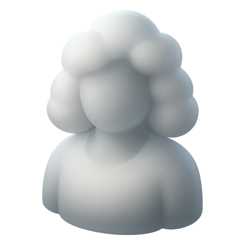 person made of white clouds, fluffy, convex, shoulder length, front view, matte glass style sticker