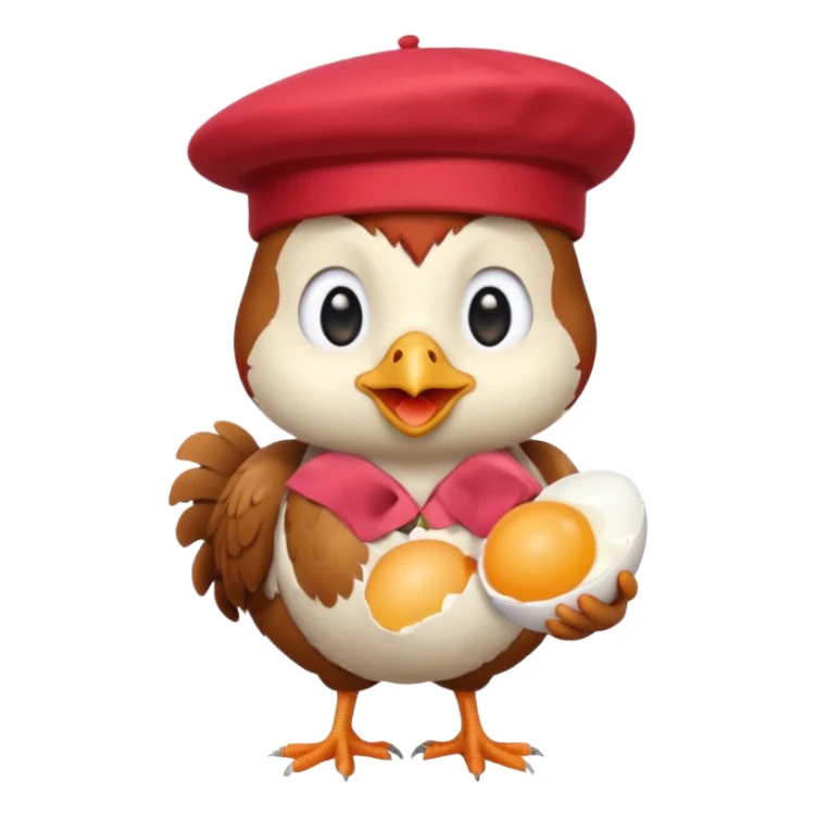 chicken with a French beret and an egg, simple emoji style sticker