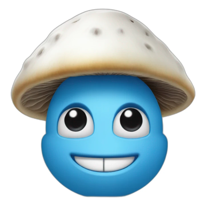 Blue smurf face with large black eyes wearing a large white mushroom on his head casting a show on his face with a neutral face sticker