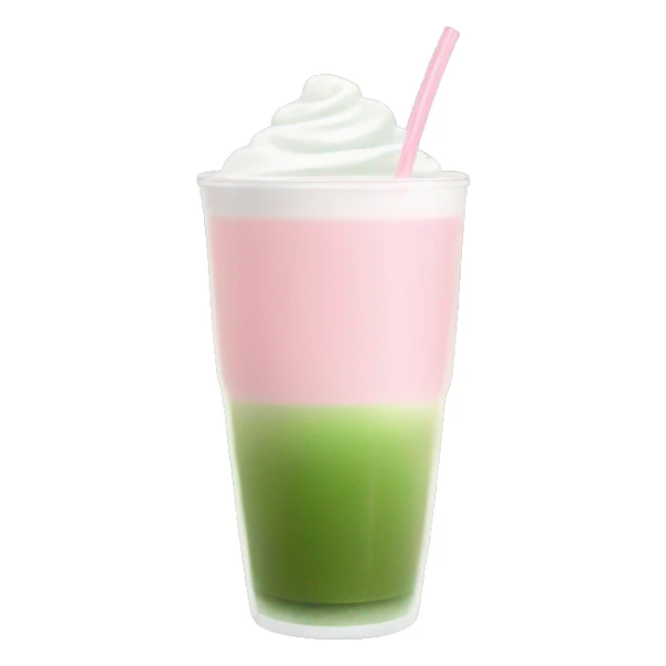 Clear long cup, no handle, with light pink drink, matcha foam sticker