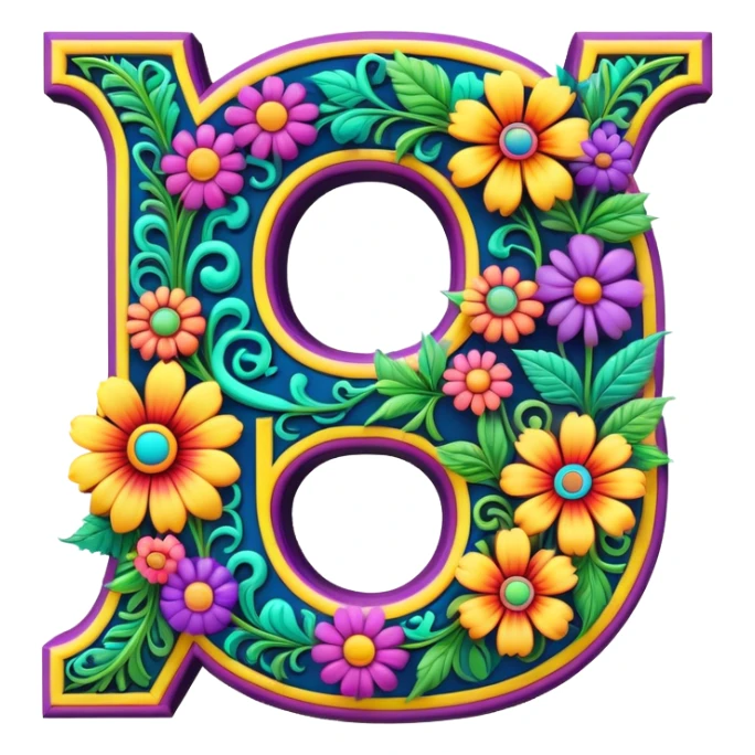 3D, gothic style psychedelic colored capital Letter Q with hippie style flower border sticker