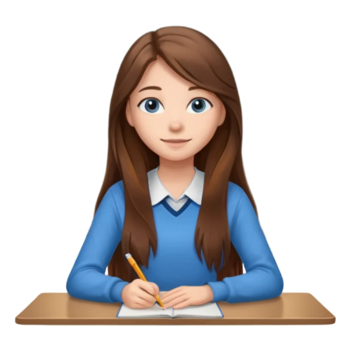 high school class room with a pretty female high school student with long brown hair, blue eyes sitting in front of the blackboard sticker