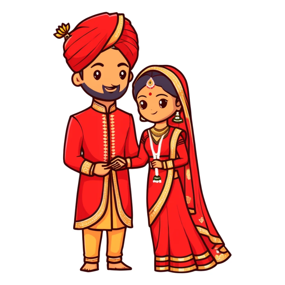 Indian bride and groom on their wedding day, bride in decorative red wedding outfit with gold details, groom in elegant sherwani, both fair-skinned, groom has no facial hair sticker