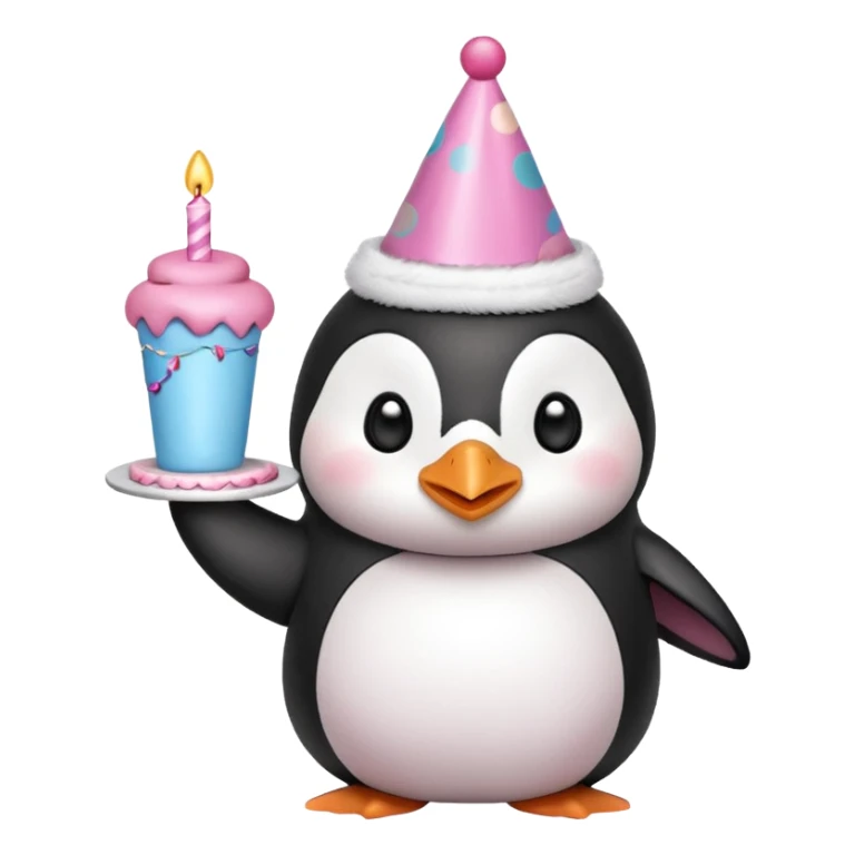 cute penguin  hold a birthday cake in both arms with pink birthday hat sticker