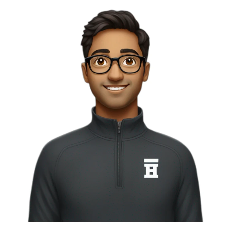 25 year old indian silicon valley creator economy startup founder wearing glasses in a black quarter zip with a harvard logo sticker