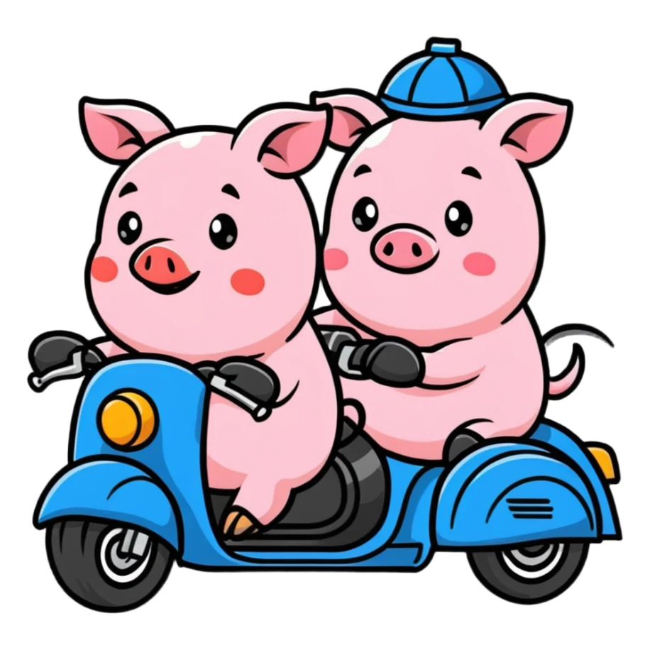 pig couple riding a motorbike, cute sticker