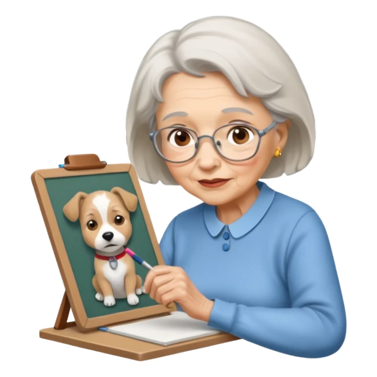 An elderly woman sketching, art board,nice picture, puppy face. sticker
