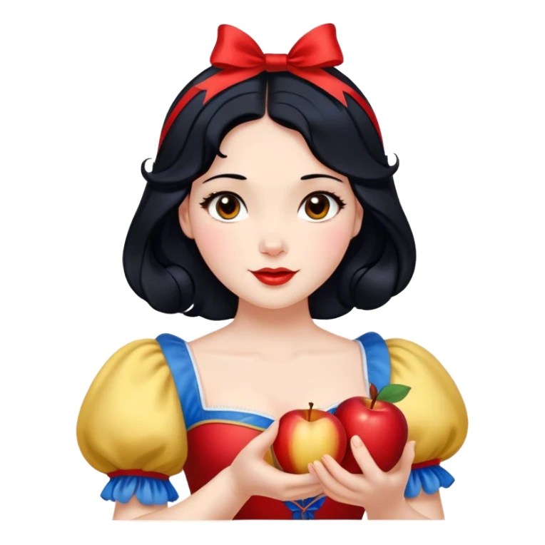 Cinematic Realistic Snow White Portrait, depicted with lifelike skin texture, soft natural lighting, and intricately detailed black hair styled with a red ribbon. Her soft brown eyes radiate innocence and kindness, complemented by a warm, gentle smile. She holds an apple in one hand, her other hand resting against her cheek, embodying her purity and charm. She is dressed in her classic yellow, blue, and red gown, the fabric rich in texture with delicate folds that catch the light beautifully. The portrait features a soft, natural glow with a radiant finish, capturing the essence of timeless beauty in a realistic and painterly style. sticker