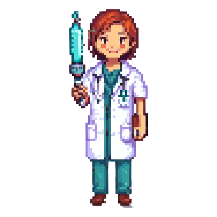 happy doctor holding a syringe, pixel art style sticker