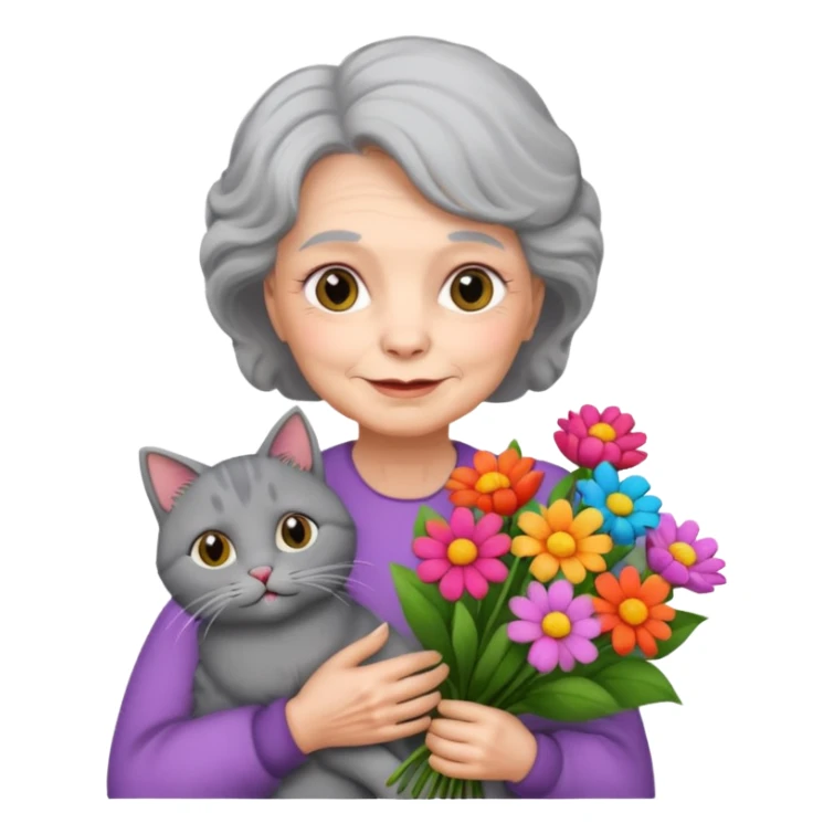 old woman holding bouqet and cat sticker