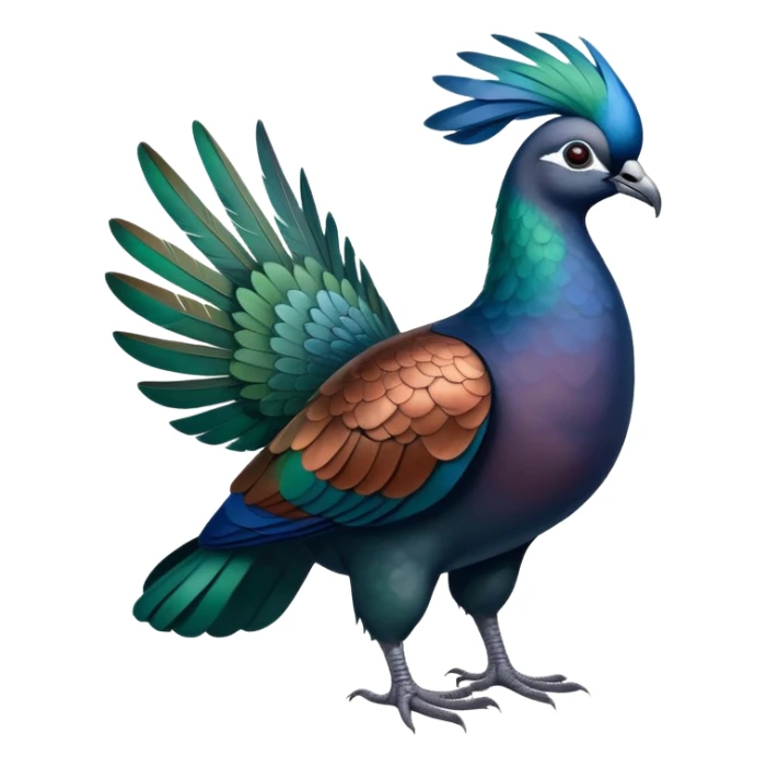 Nicobar pigeon with iridescent blue, green and copper-colored plumage, distinctive white tail sticker