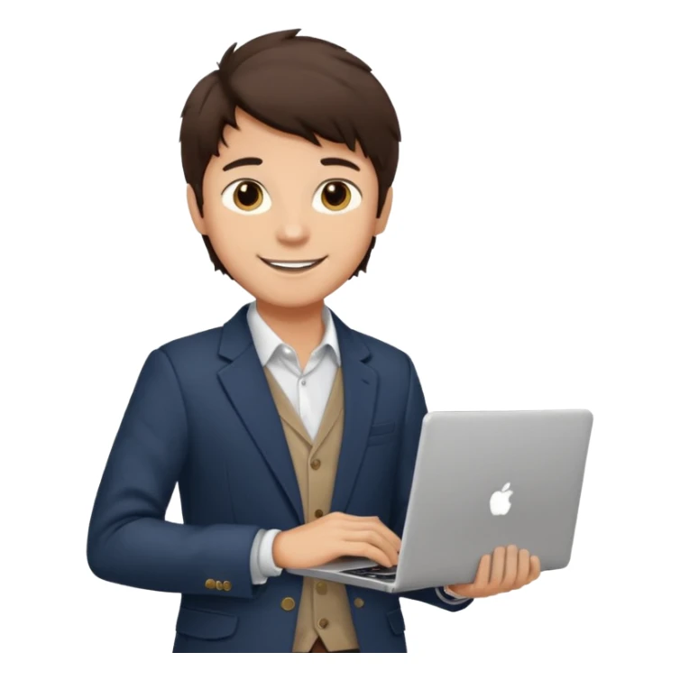 a light tan boy with messy dark brown hair. Wearing a blazer and carrying a lapotop. watch on wrist sticker