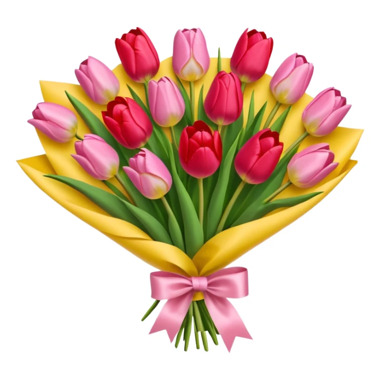 bouquet of tulip with bow and yellow wrapping paper sticker