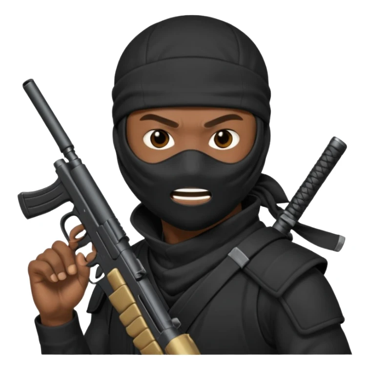 A black male in a ninja mask with a gun sticker