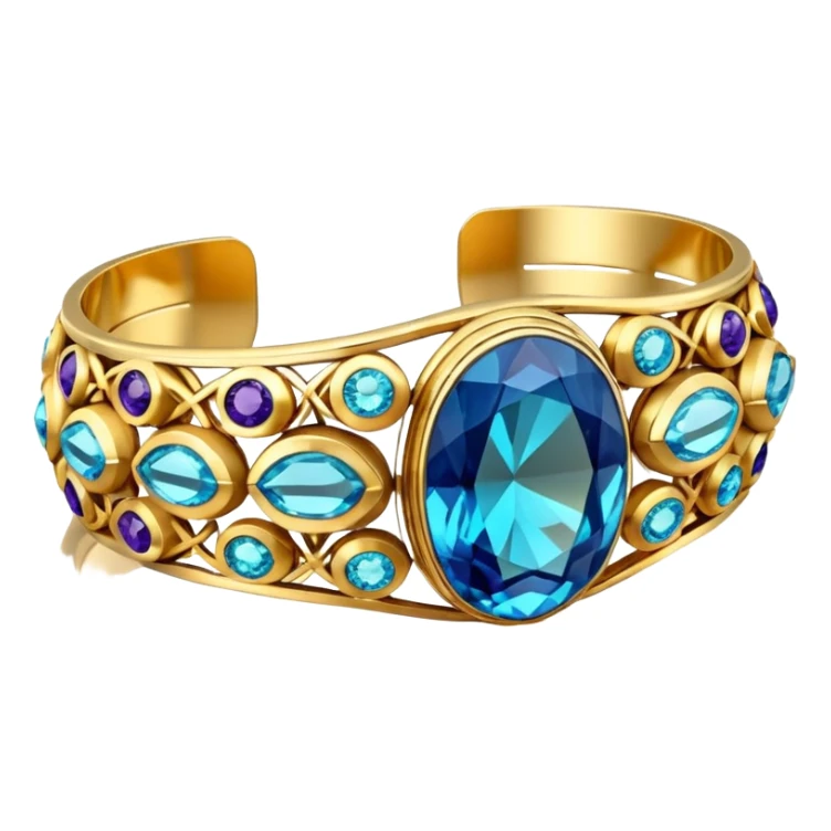 An isolated, Futuristic sparkling 4D rendering gemstone 14k gold cuff bracelet sticker