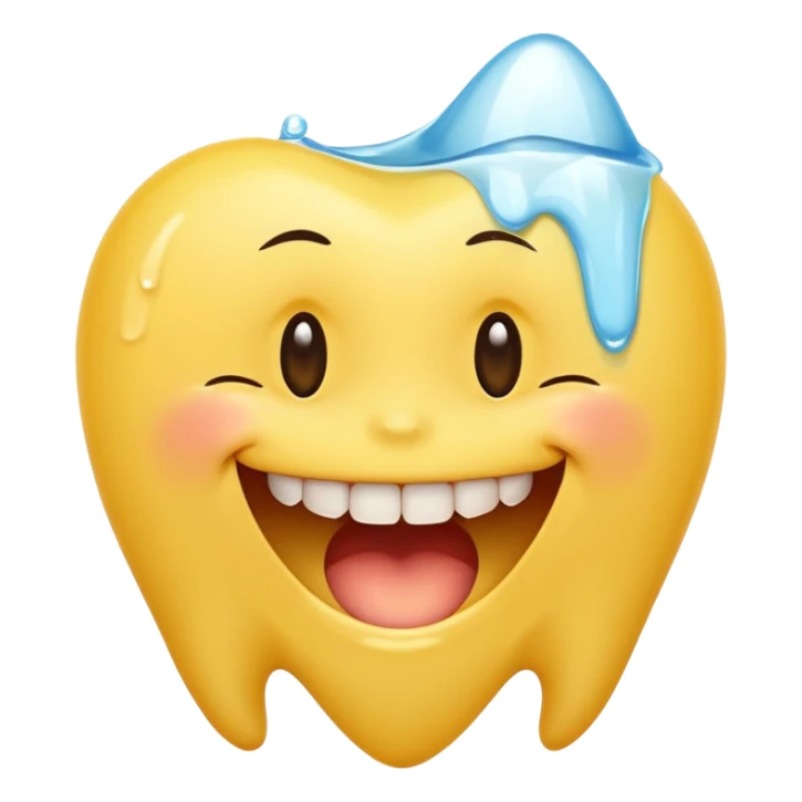 Yellow smiley face holding back tears with realistic watery eyes, and a big human tooth smile sticker