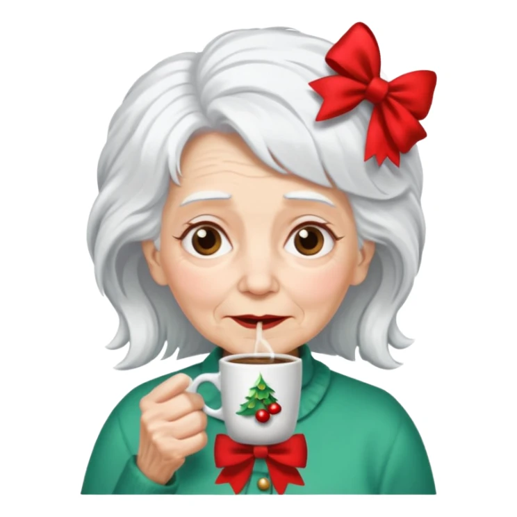 Old lady with crazy hair and christmas bow drinking coffee sticker