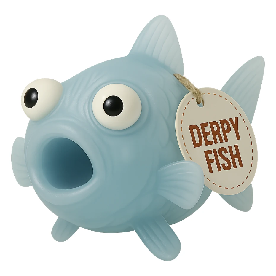 Add more shadow inside the fish so the mouth interior is more visible. Brighten the 'DERPY FISH' tag a little. Keep the body very transparent, semi-transparent blue plastic, derpy eyes, retro 90's toy look, hyper-detailed, soft plastic, soft reflections, soft and squishy, some cloudiness, not shiny, highly detailed, appealing. No background. The style should resemble a retro 90's soft plastic toy with a semi-transparent blue body and derpy eyes. sticker