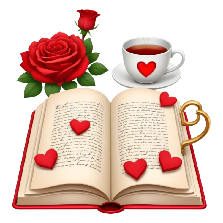 Icon for Romance Reading: an open book with a heart-shaped bookmark, surrounded by roses, a love letter, and a cup of tea, with small hearts and Cupid with bow and arrows flying out of the pages. Transparent background. sticker