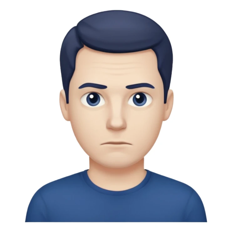 a white man in a dark blue t-shirt with a suspicious look sticker