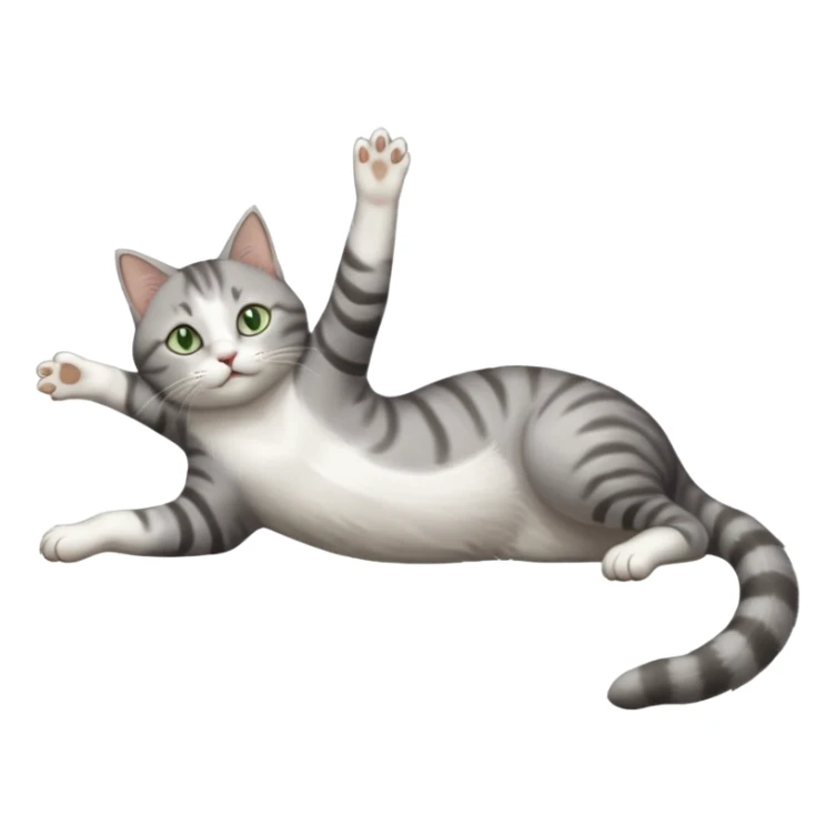 grey and white cat with green eyes doing a big extremely long stretch reaching up into the air with arms and legs side by side together straight and overextended whilst lying on its side sticker