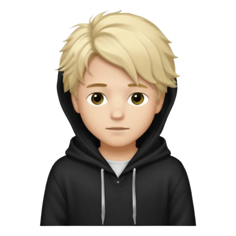 Create a look for a blond boy with long, tousled hair, light eyes, a white sweater, a wealthy appearance, blue eyes, and the hair to the side + black pajama fluffy + hood black sticker