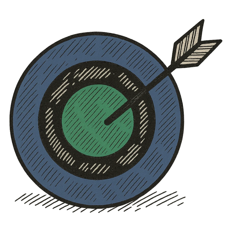 A target with navy rings and a vibrant green bullseye, with an arrow, doodle style sticker